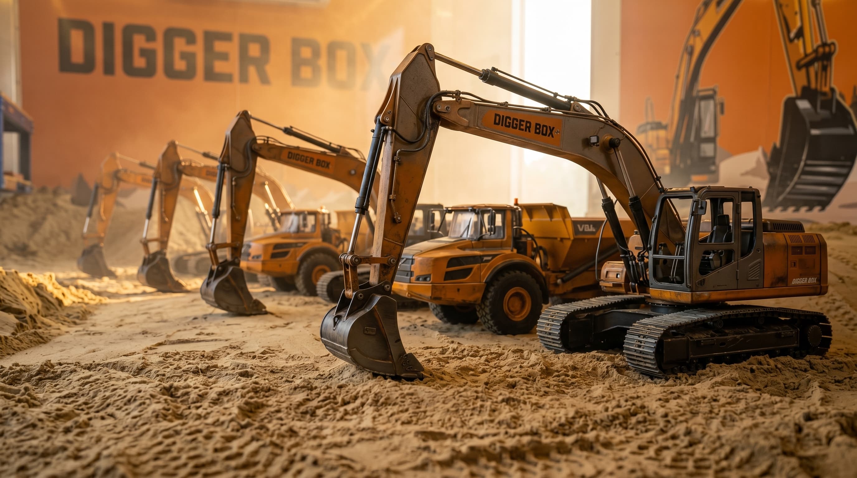 Full fleet of Digger Box RC excavators and dump trucks lined up in sand