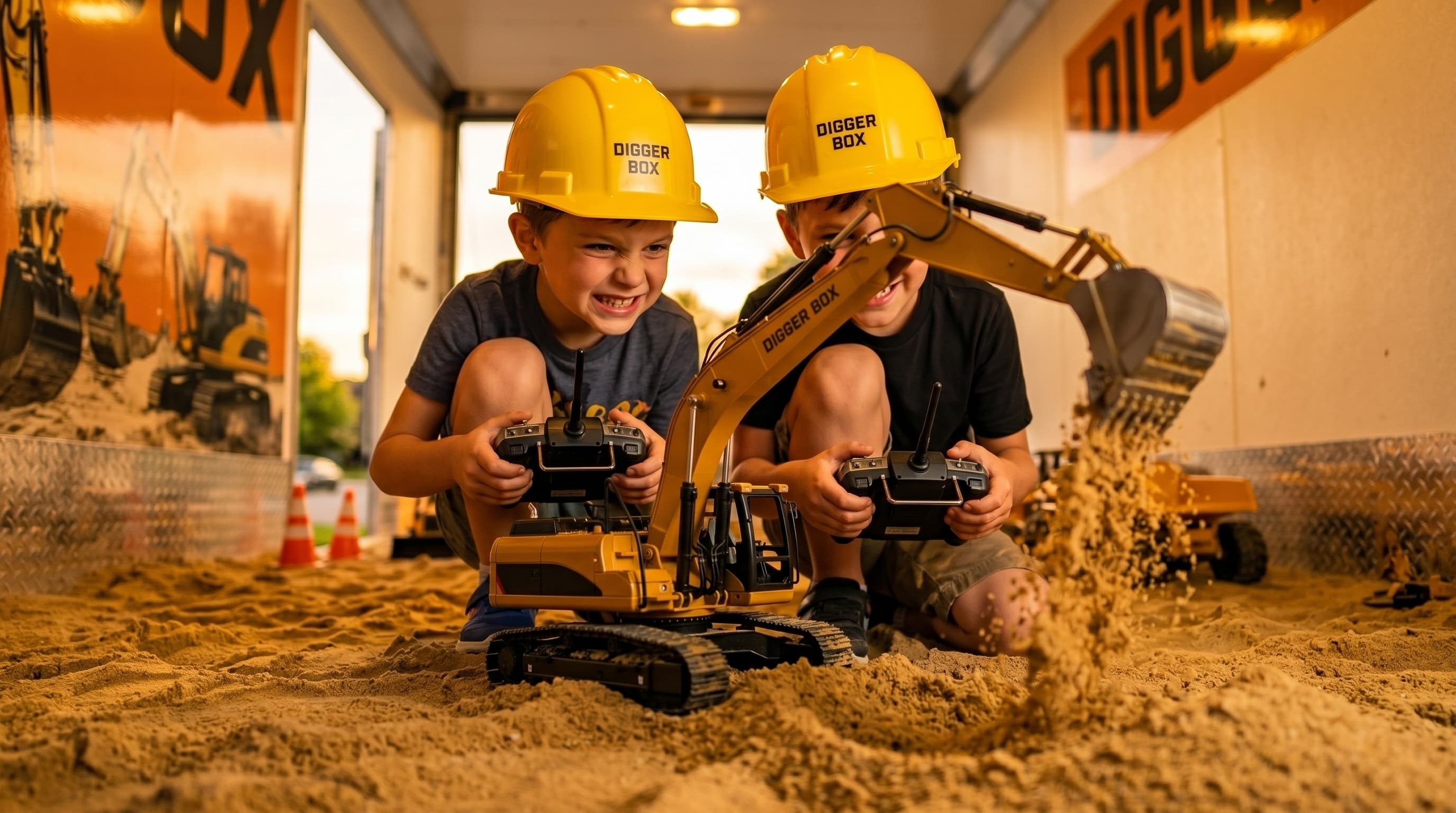 Two kids in Digger Box hard hats operating RC excavators in the sand pit