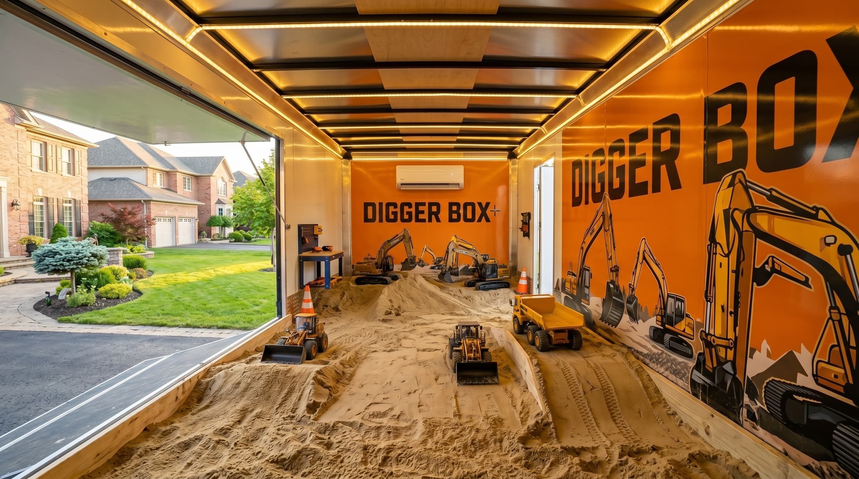 Inside the Digger Box trailer — sand pit with RC machinery and branded walls
